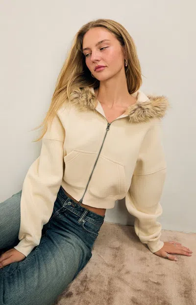 Pacsun Women's Faux Fur Cropped Ultra Soft Fleece Zip Up Hoodie In Off White In Nude
