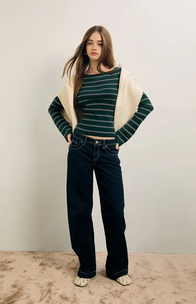 Pacsun Women's Sage Striped Off-the-shoulder Sweater In Green