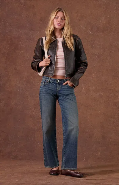 Pacsun Women's Sammy Ultimate Low Rise Straight Leg Jeans Rhinestone Dark Blue In Medium Indigo