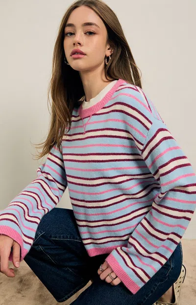 Pacsun Women's Sienna Contrast Crew Neck Sweater In Blue/pink In Multi