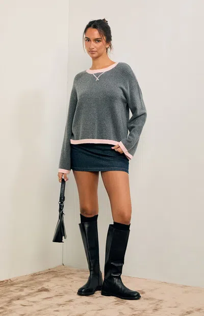 Pacsun Women's Sienna Contrast Crew Neck Sweater In Gray/pink
