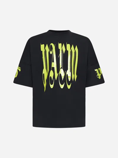 Palm Angels Logo Cotton T-shirt In Black,lime