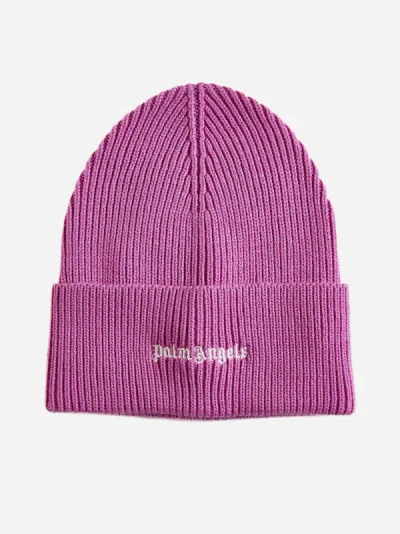 Palm Angels Logo Wool-blend Beanie In Fuchsia,white