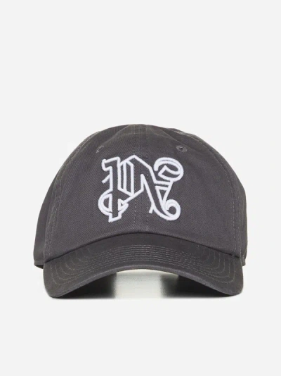 Palm Angels Monogram Cotton Baseball Cap In Dark Grey,white