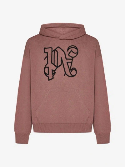 Palm Angels Monogram Wool-blend Hooded Sweater In Pink,black