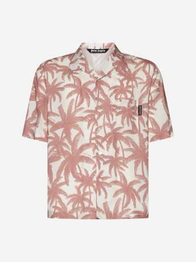 Palm Angels Palm Print Viscose Shirt In Off White,pink
