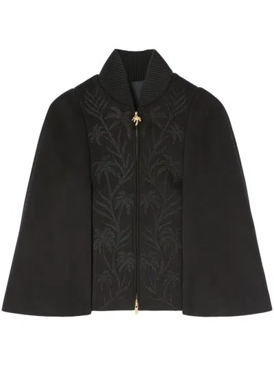 Palm Angels Palm-embroidered Zip-up Cape In Black