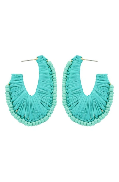 Panacea Raffia & Bead J Hoop Earrings In Turquoise