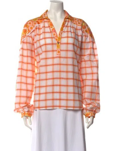 Pre-owned Paolina Russo Plaid Print V-neck Top In Orange