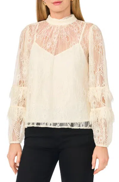 Parker Ruffled Sleeve High Neck Lace Top In White