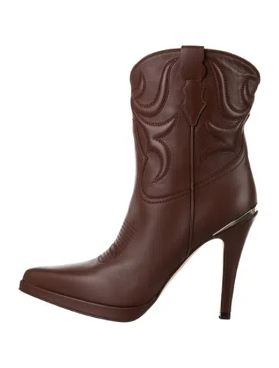 Pre-owned Partlow Leather Embroidered Accent Western Boots In Brown