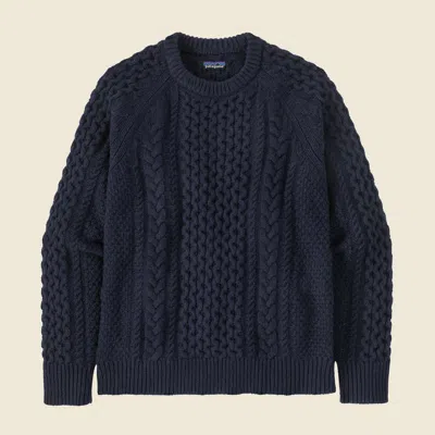 Patagonia Used Recycled Wool-blend Cable-knit Crewneck Sweater In New Navy In Blue