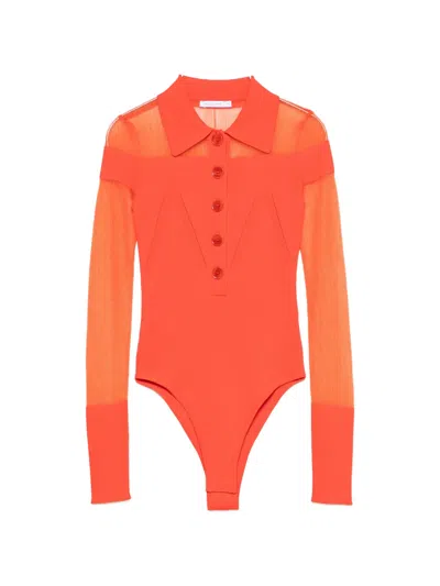 Patrizia Pepe Sheer-panelled Knit Polo-shirt In Orange