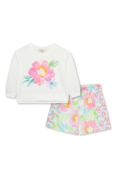 Peek Aren't You Curious Kids' Watercolor Floral Graphic Top & Print Shorts Set In Off-white