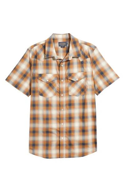 Pendleton Beach Shack Plaid Short Sleeve Cotton Shirt In Mocha Stripe