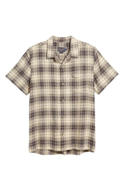 Pendleton Linen Blend Camp Shirt In Espresso/ Khaki Plaid