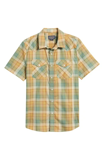 Pendleton The Bishop Plaid Short Sleeve Pima Cotton Shirt In Green/ Gold/ Tan Plaid