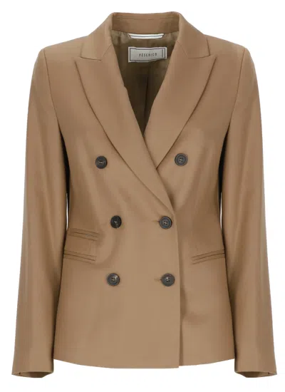 Peserico Beige Wool-linen Double-breasted Blazer In Brown