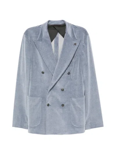 Peserico Double-breasted Corduroy-texture Blazer In Blue