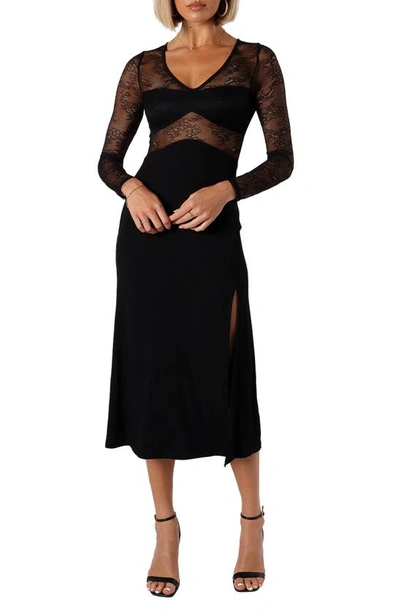 Petal And Pup Addams Long Sleeve Lace Inset Midi Dress In Black