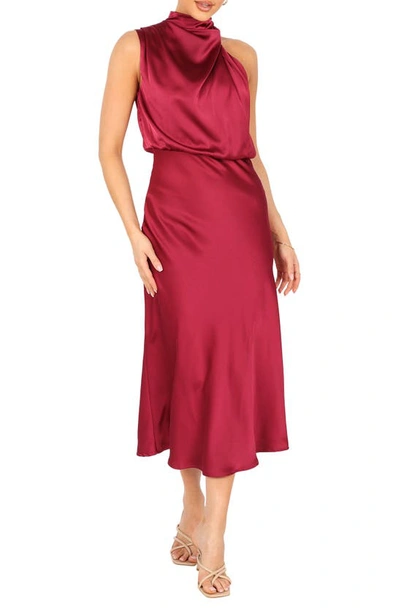 Petal And Pup Anabelle Halter Neck Satin Midi Dress In Berry