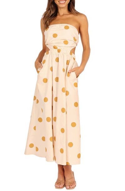 Petal And Pup Angelique Polka Dot Strapless Open Back Maxi Dress In Beige Spot