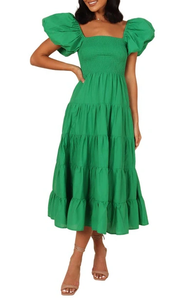 Petal And Pup Annette Puff Sleeve Midi A-line Dress In Green