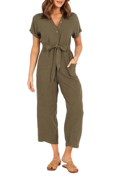 Petal And Pup Archie Tie Waist Linen Jumpsuit In Olive