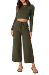 Petal And Pup Petal & Pup Ayers Long Sleeve Rib Top & Wide Leg Pants In Olive