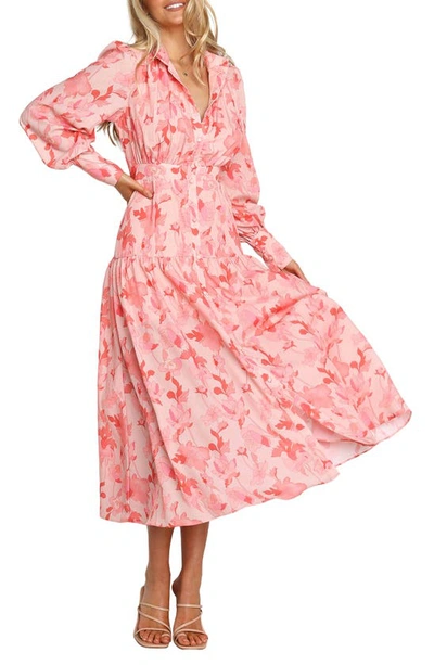 Petal And Pup Forever Print Long Sleeve Tiered Midi Dress In Pink
