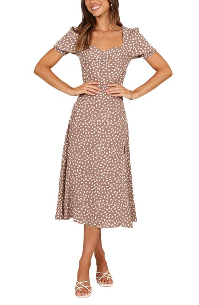 Petal And Pup Franklin Print Puff Sleeve Midi Dress In Mocha