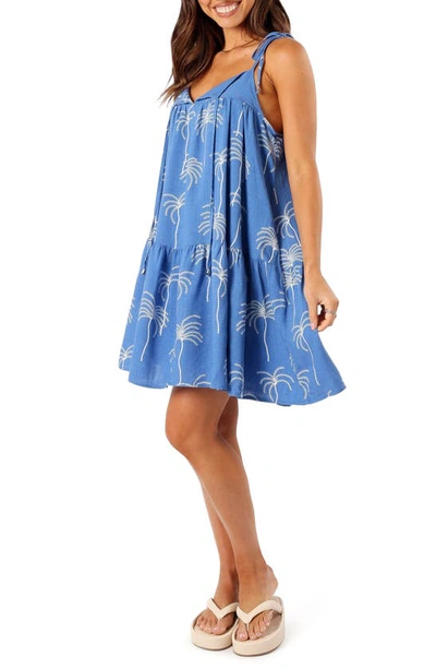 Petal And Pup Guava Embroidered Tiered Babydoll Sundress In Blue Palm Print