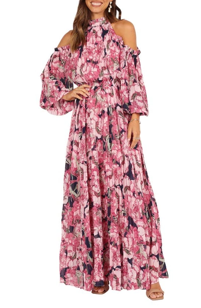 Petal And Pup Hilary Floral Cold Shoulder Long Sleeve Maxi Dress In Pink Floral