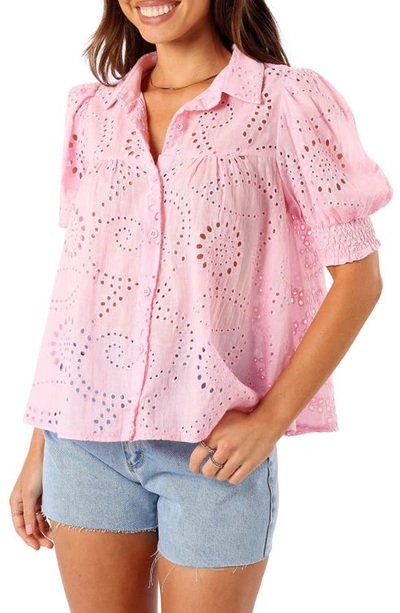Petal And Pup Janelle Shirred Eyelet Button-up Top In Pink