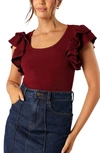 Petal And Pup Loren Ruffle Sleeve Rib Top In Burgundy