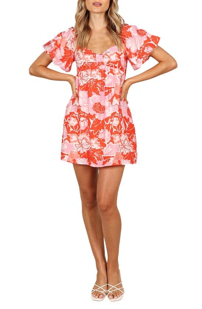 Petal And Pup Maggie Print Puff Sleeve Minidress In Pink/ Red Floral