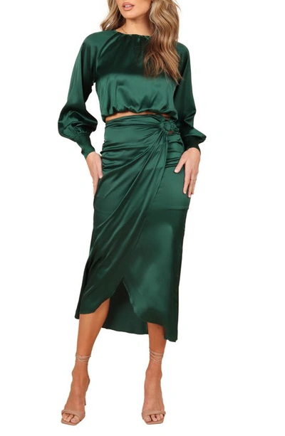 Petal And Pup Natasha Long Sleeve Satin Crop Top & Skirt Set In Emerald Green
