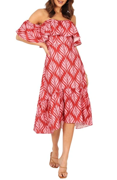 Petal And Pup Neoma Off The Shoulder Midi Dress In Red Palm Print