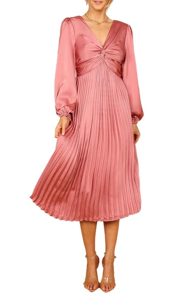 Petal And Pup Noelle Long Sleeve Pleated Satin Midi Dress In Blush