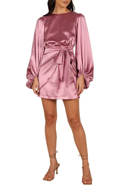 Petal And Pup Opal Tie Waist Long Sleeve Satin Minidress In Dusty Rose