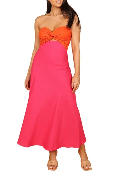 Petal And Pup Rosetta Strapless Linen Blend Maxi Dress In Fuchsia/ Orange