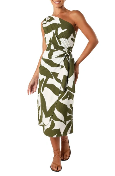 Petal And Pup Zara Print One-shoulder Midi Dress In Olive Palm