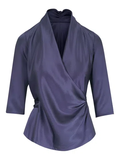Peter Cohen Silk Wrap Blouse In Blue