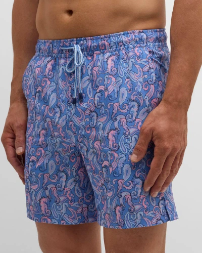 Peter Millar Seahorse Paisley Straight-leg Mid-length Printed Swim Shorts In Blue