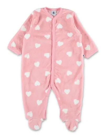 Petit Bateau Heart-print Fleece Baby Girl Sleepsuit With Snap-button Footed Design In Pink White