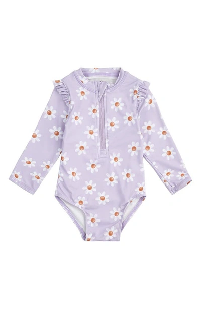 Petit Lem Babies' Daisy Long Sleeve One-piece Rashguard Swimsuit In Purple Light