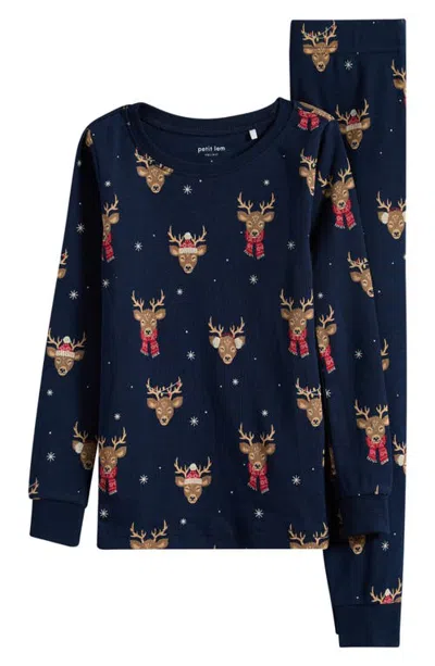 Petit Lem Kids' Holiday Reindeer Fitted Two-piece Pajamas In Blue
