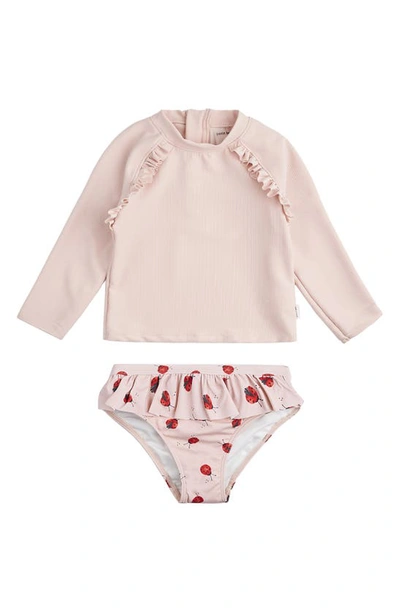 Petit Lem Kids' Ruffle Long Sleeve Two-piece Rashguard Swimsuit In Pnk Pink