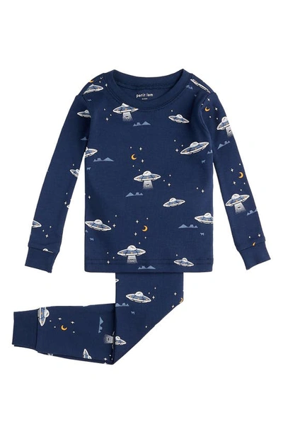 Petit Lem Kids' Unexplained Mysteries Print Organic Cotton Fitted Two-piece Pajamas In Navy