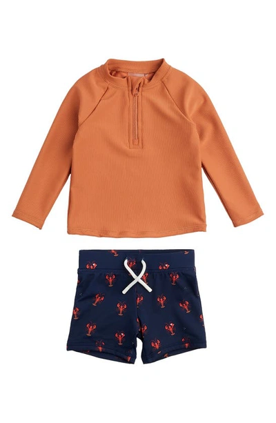 Petit Lem Babies' Long Sleeve Rib Two-piece Rashguard Swimsuit In Orange